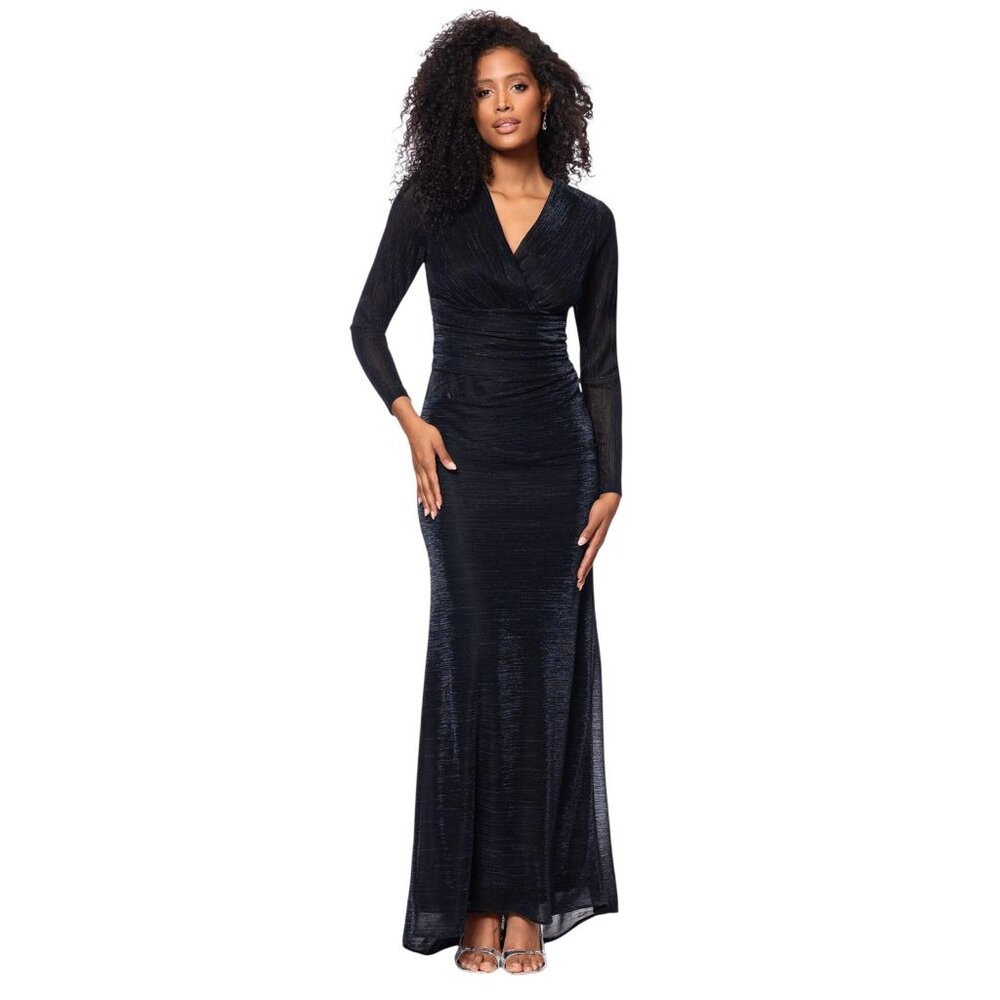 Betsy & Adam Ruched Surplice V Neck Long Sleeved Dress Black / Silver 16 - Picture 10 of 11